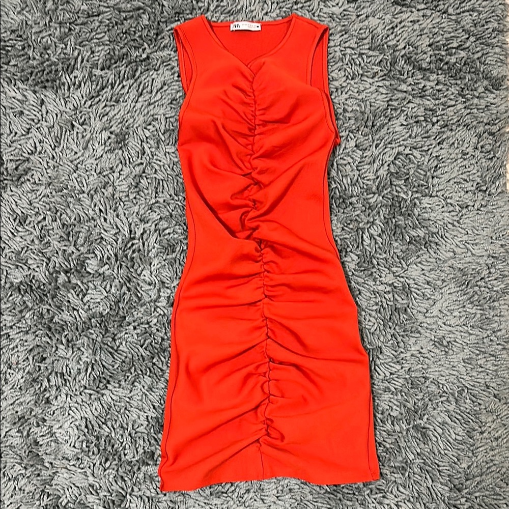 Zara Orange Sleeveless Ruched Mini Dress